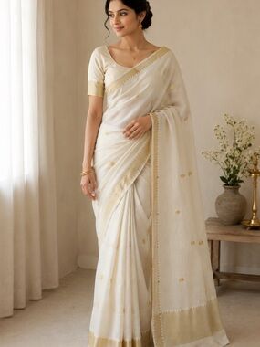 Brand new Indian Pakistani premium cotton off White & Gold Saree for Women